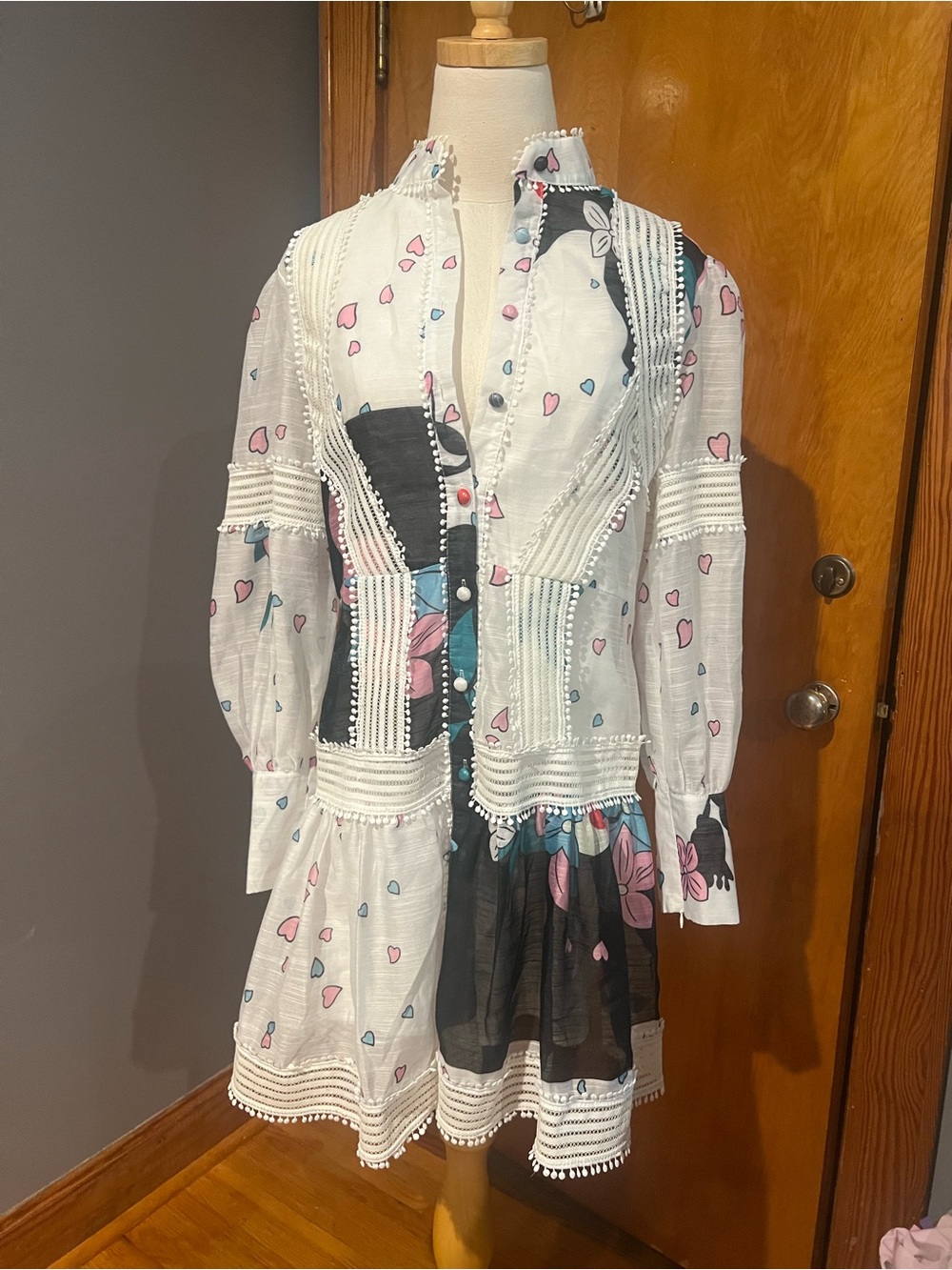 Beulah White Mini Dress with Pink & Blue Heart Print